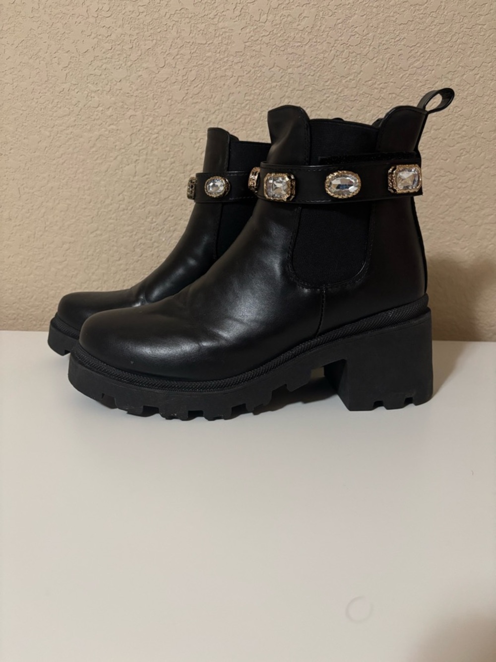 Black Chelsea Lug Heel Ankle Boots with Crystal Strap